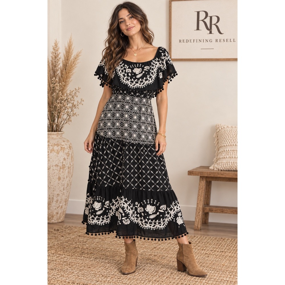 Anthropologie Black Embroidered Cotton Midi Dress Smocked Waist Pom Pom Trim 12
